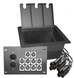 recessed floor box with 10 xlr female and 2 AC  power outlet duplexes and 10 quick connect male XLR tails