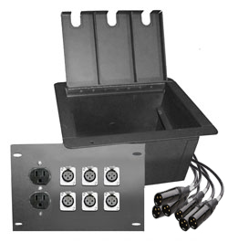 recessed floor box with 6 xlr female and 2 AC  power outlet duplexes and 6 quick connect male XLR tails