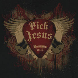 Pick Jesus guitar pick on musician T-Shirt